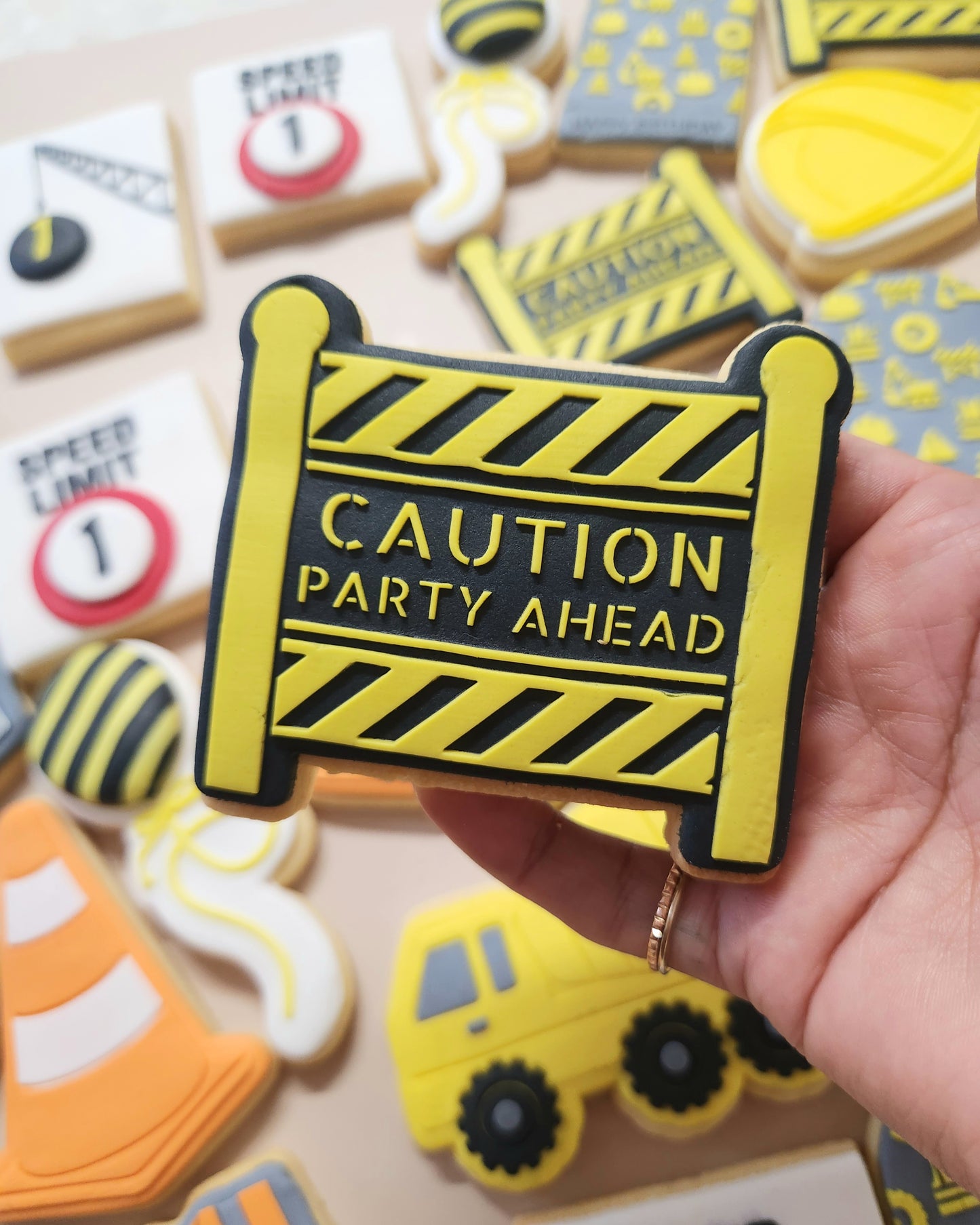 concrete truck construction digger safety hard hat safety vest jacket cone speed limit caution sign party ahead crane cookie stamp cookie cutter stampandimpress
