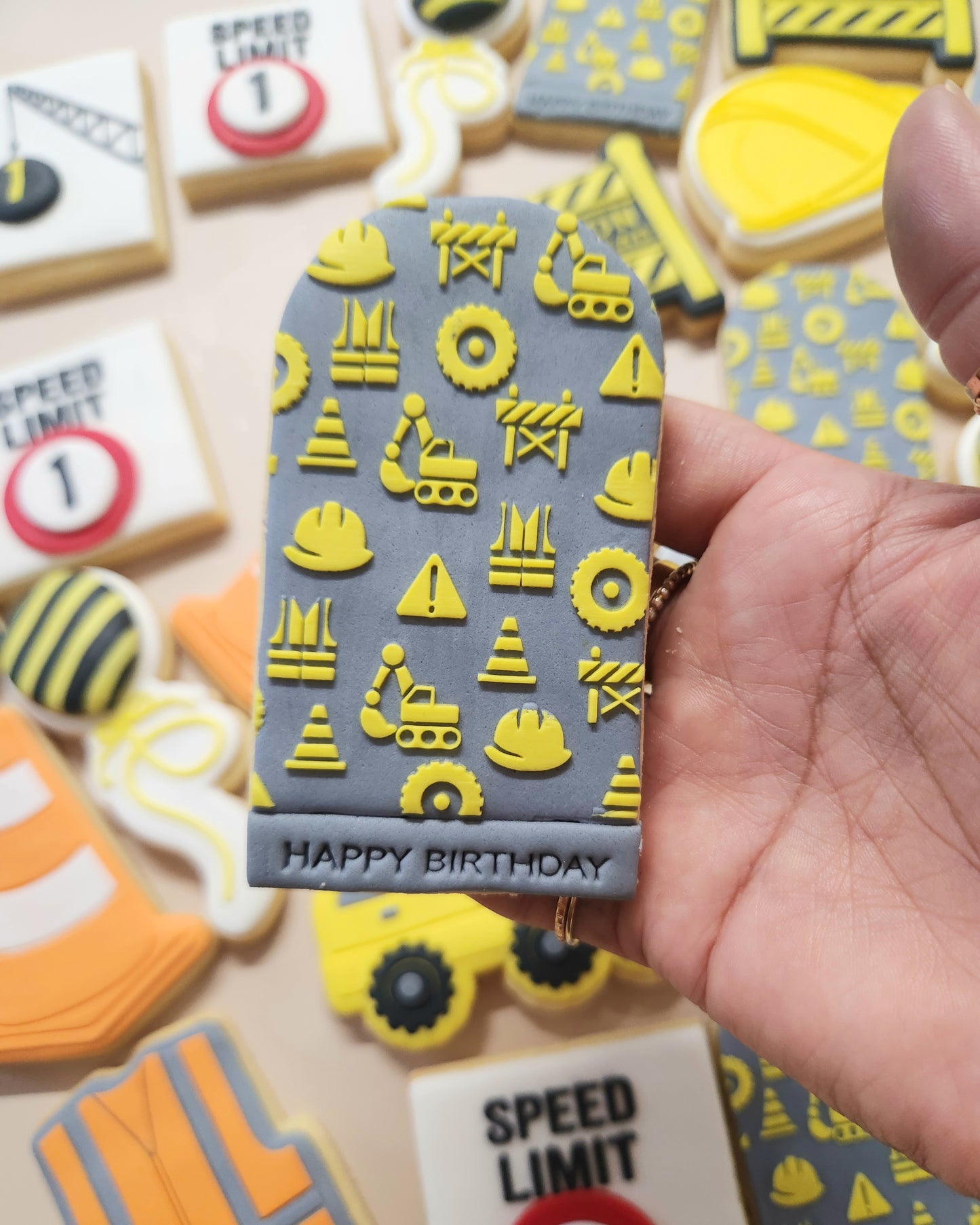 concrete truck construction digger safety hard hat safety vest jacket cone speed limit caution sign party ahead crane cookie stamp cookie cutter stampandimpress