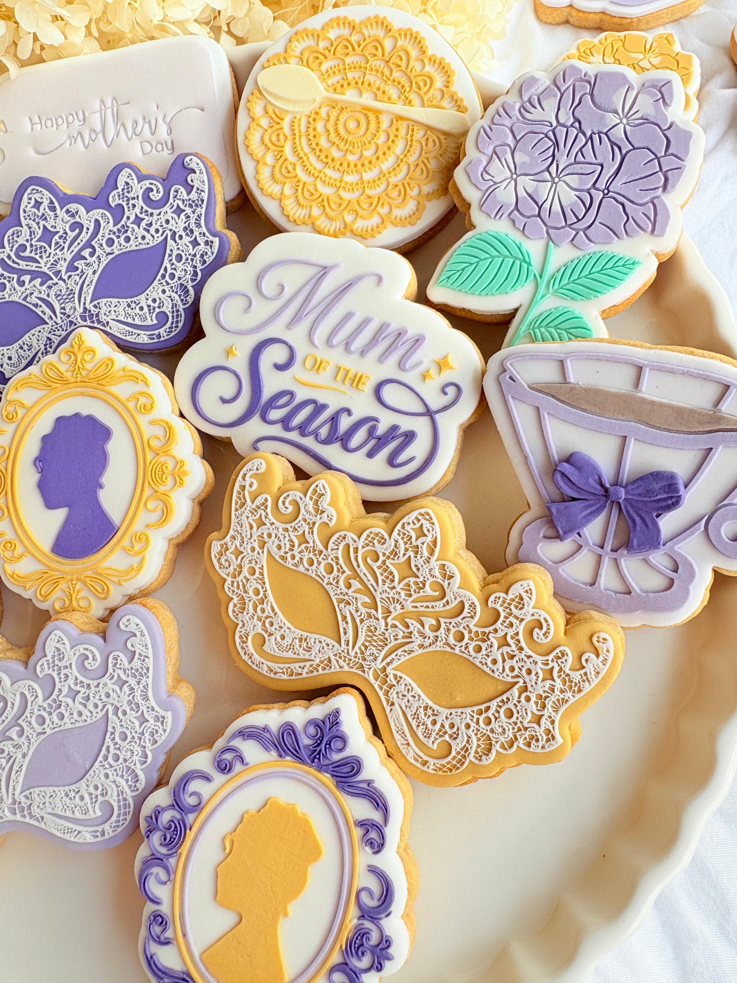 bridgerton mum of the season happy mothers day tea party lace doily hydrangea flower lady Whistledown masquerade mask ball diamond of the season fondant cookie stamp cookie cutter stampandimpress