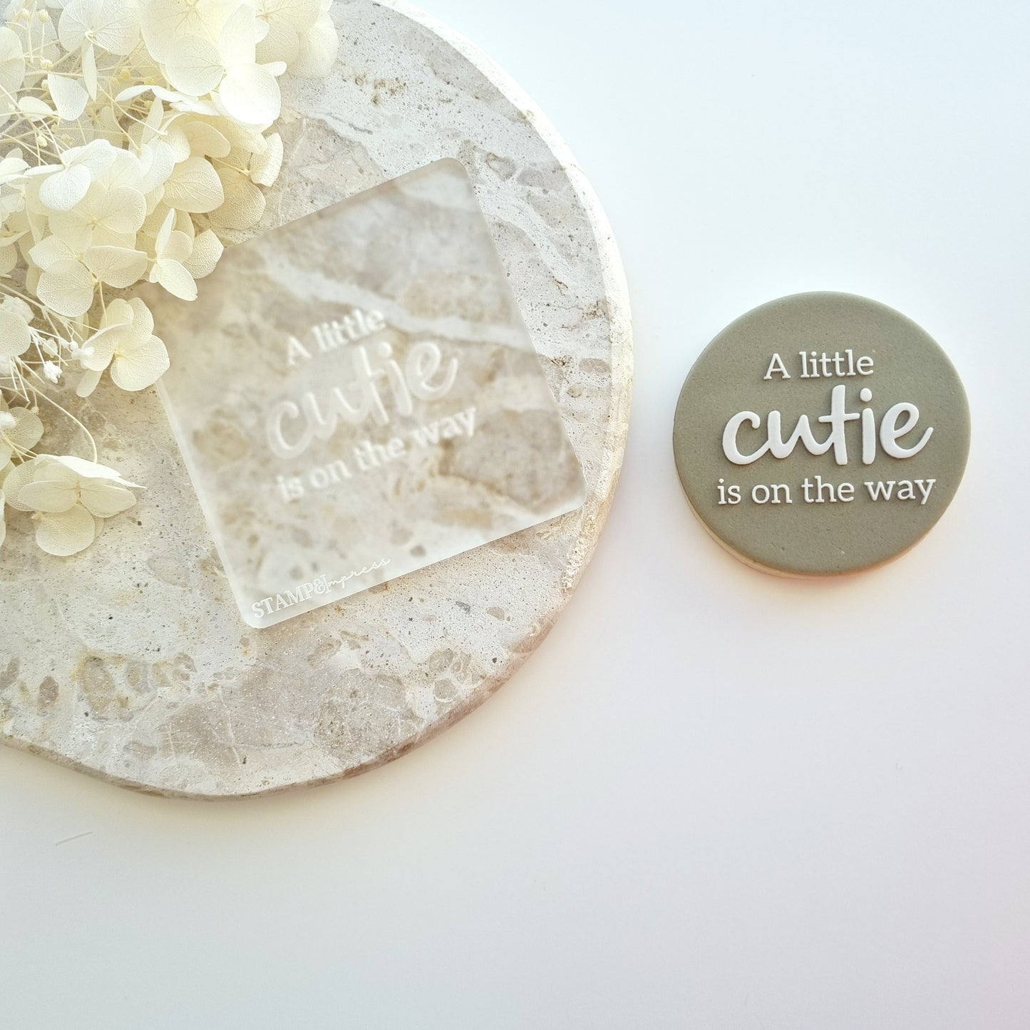 Baby shower cookie stamp cookie cutter sampandimpress a little cutie is on the way