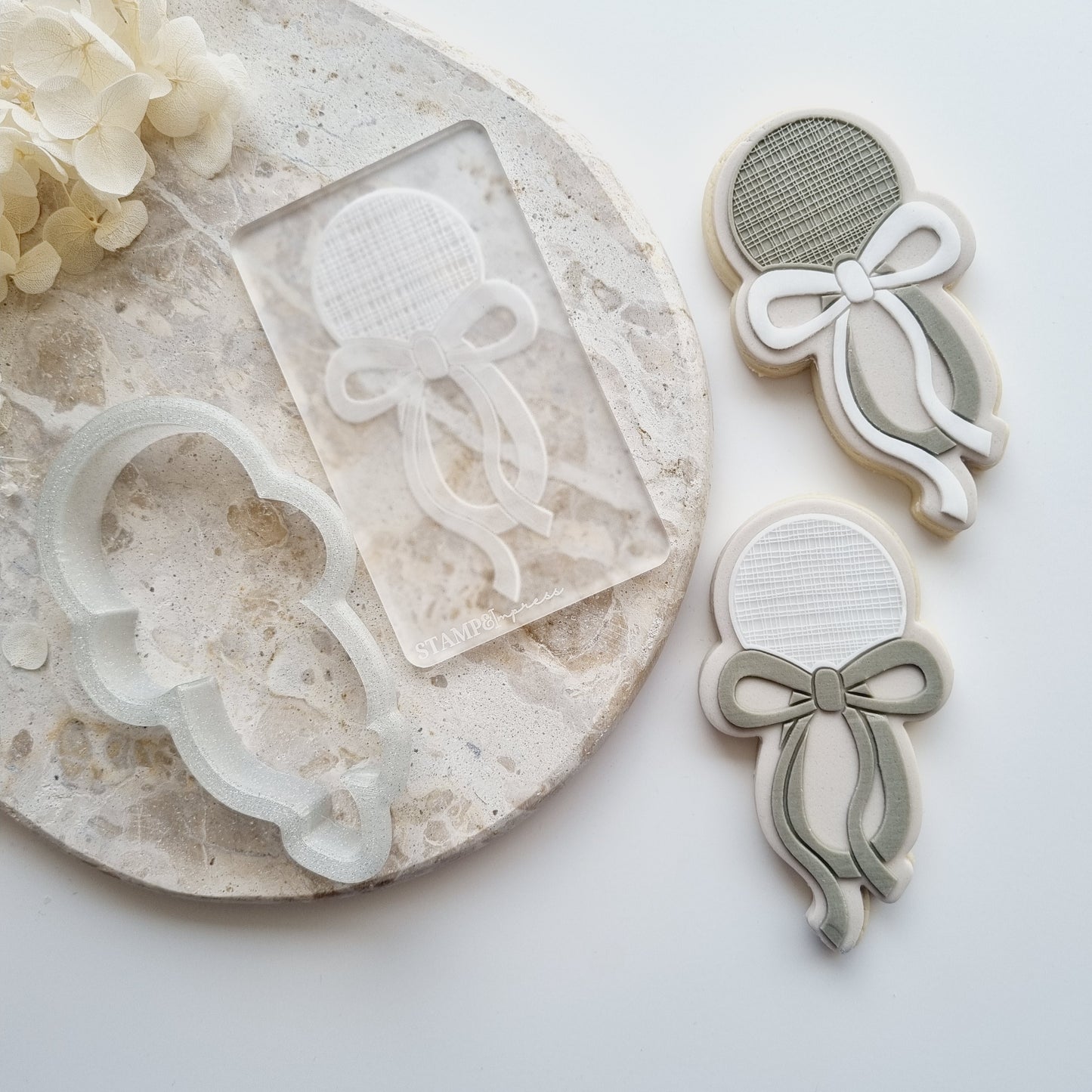 baby rattle linen bow baby shower cookie stamp cookie cuter stampandimpress