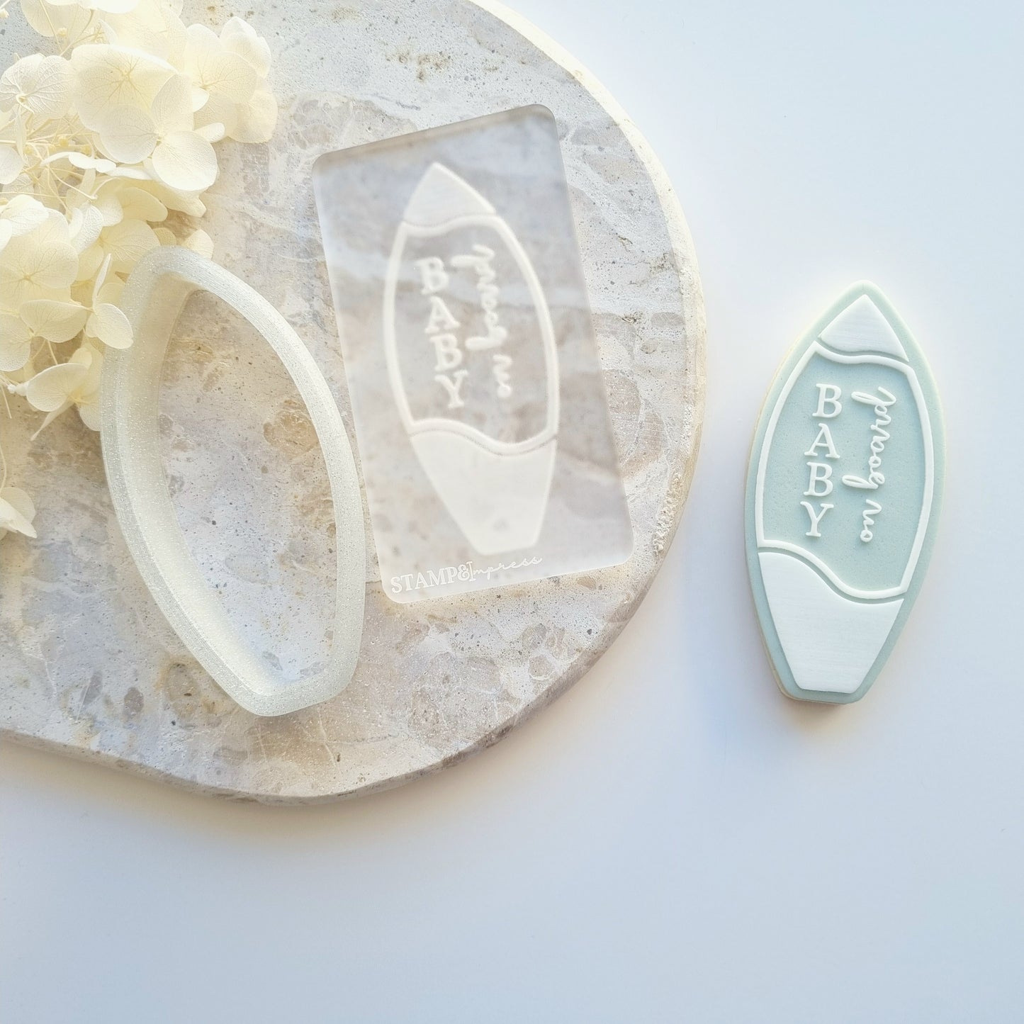 Surfboard baby on board baby shower cookie stamp cookie cutter stampandimpress