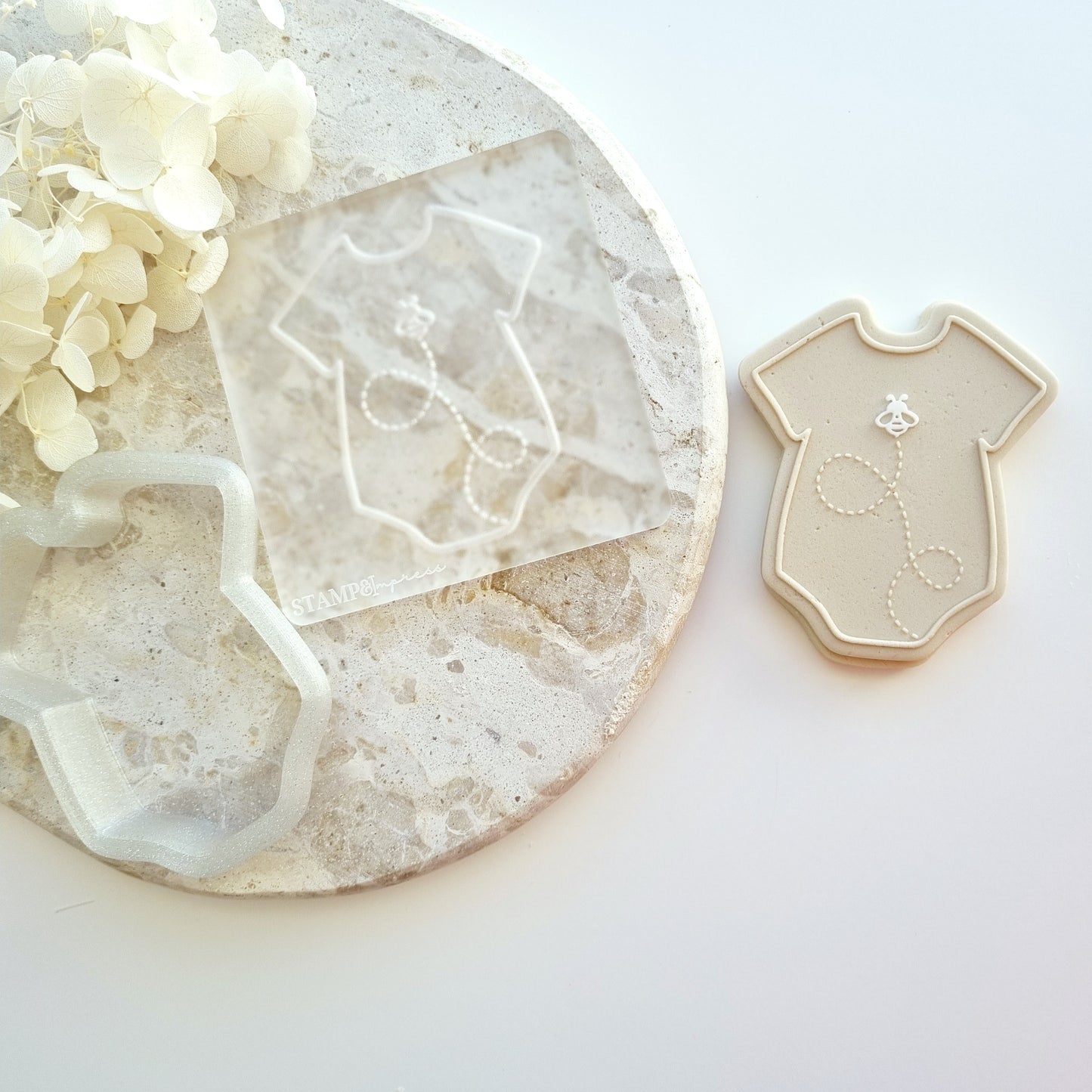 cookie stamp cookie cutter stampandimpress Bee romper baby shower onesie