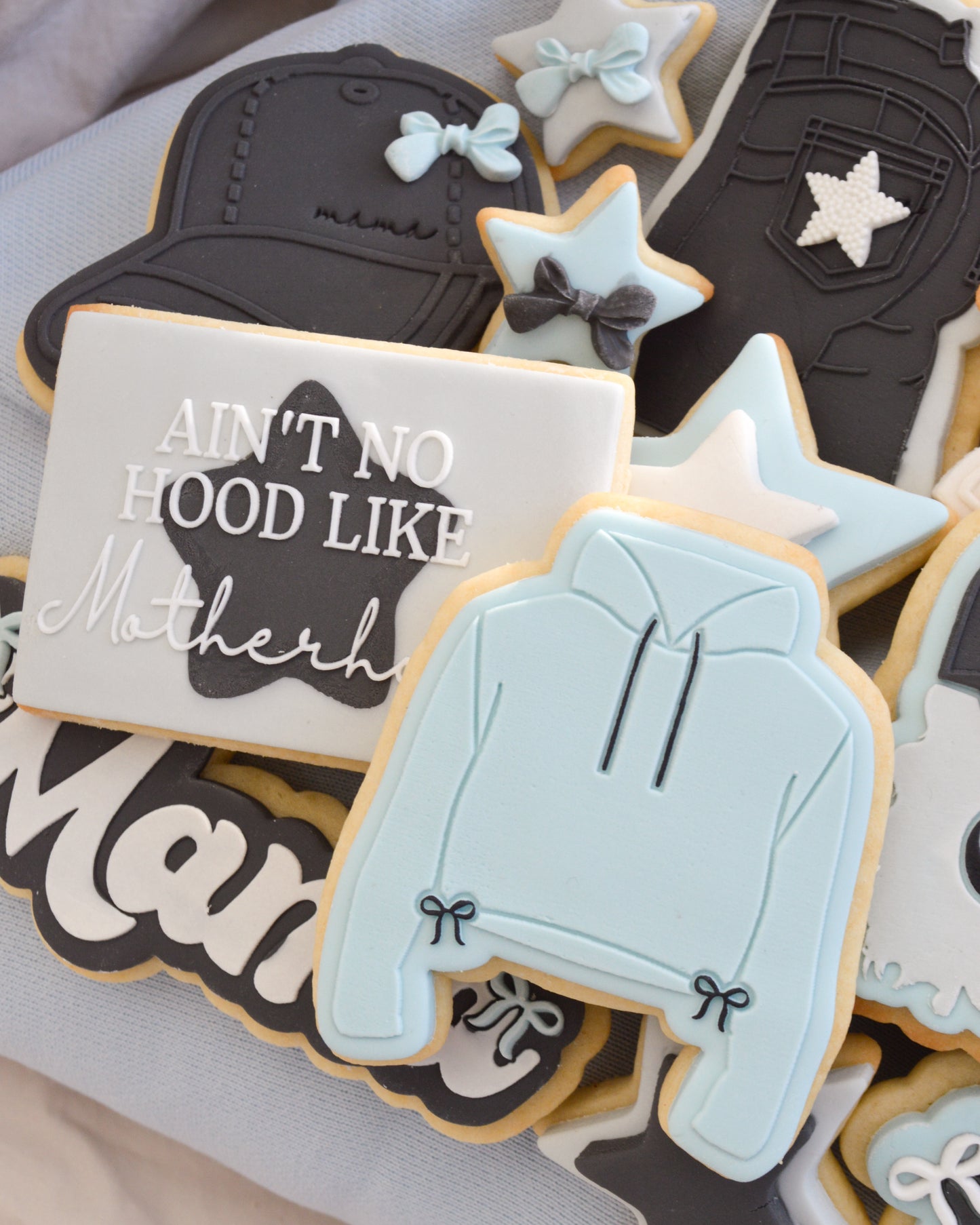 Hoodie cropped with bows denim jeans hat aint no hood like motherhood cookie stamp cookie cutter stampandimpress