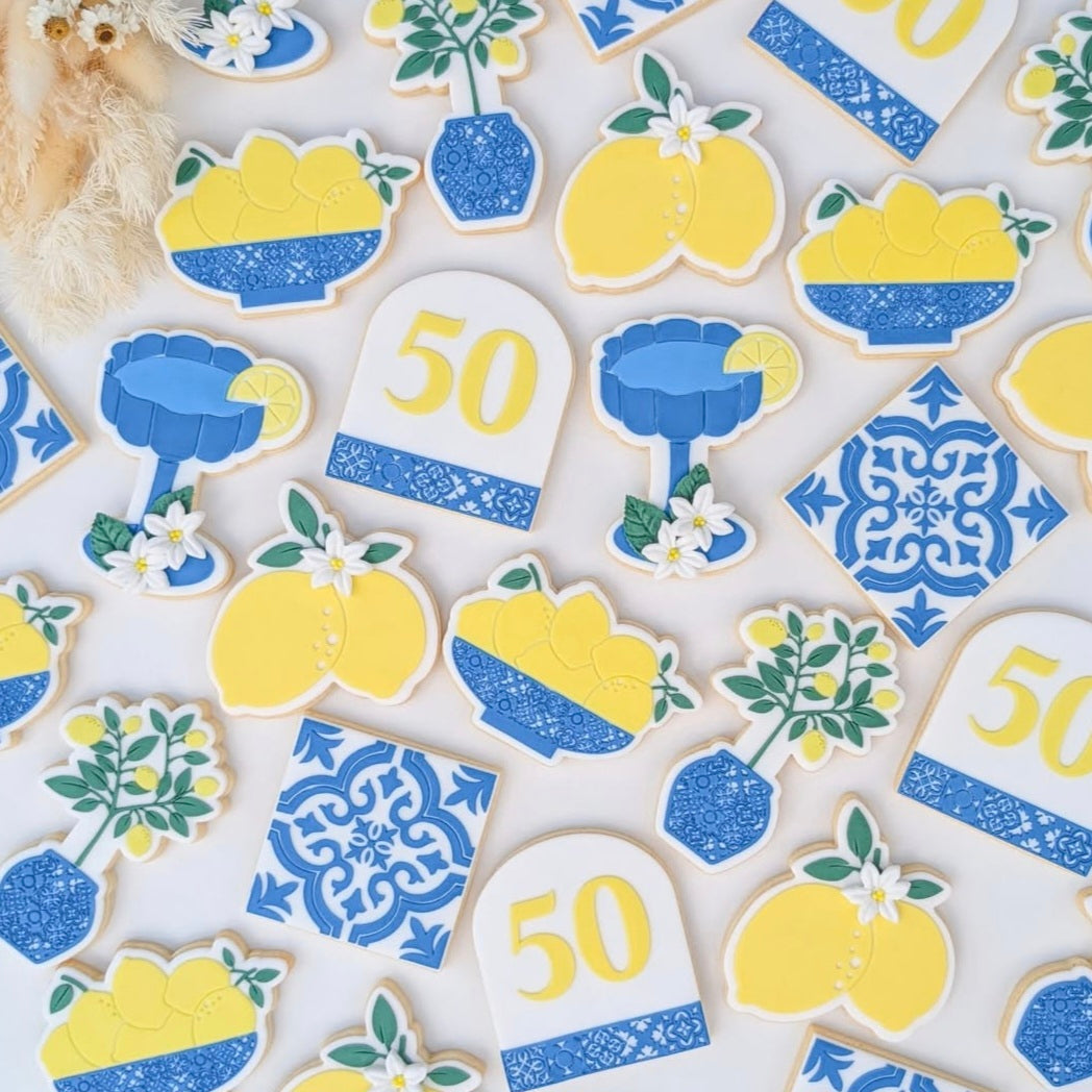 bowl of lemons lemon tree amalfi mediterranean greek theme mamma mia positano cookie cutter cookie stamp fondant debosser stampandimpress