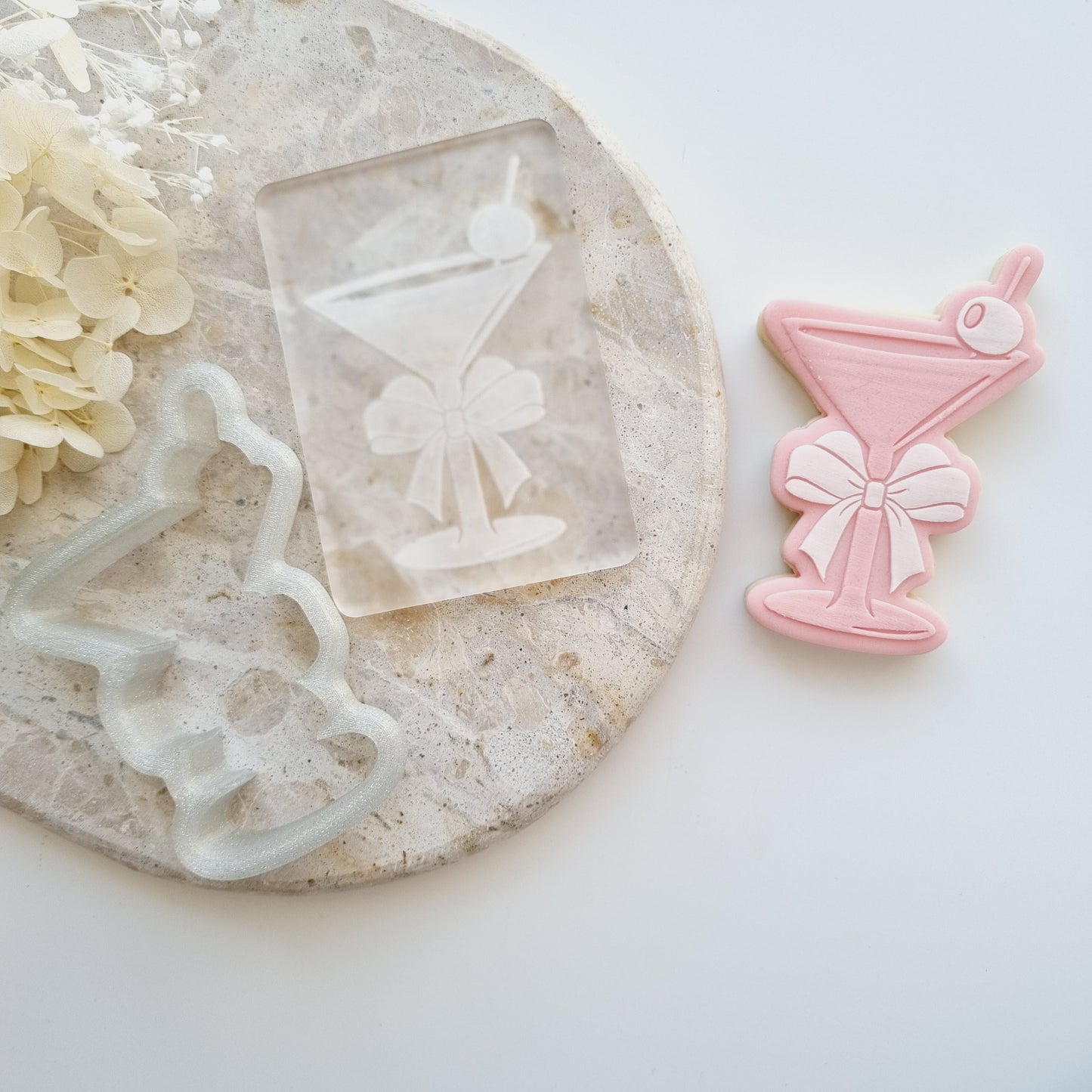 margarita cocktail with olive and bow cookie stamp cookie cutter stampandimpress