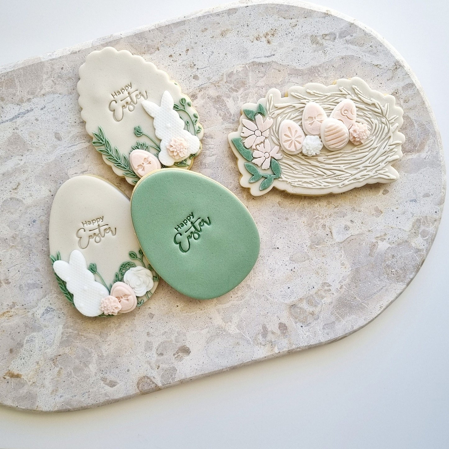 stamp and impress stamp & impress cookie cutter easter egg bunny rabbit carrot spring bloom flower lace tail chick egg lamb plaque mini eggs nest bird bird's garden floral wavy happy easter impression raised fondant