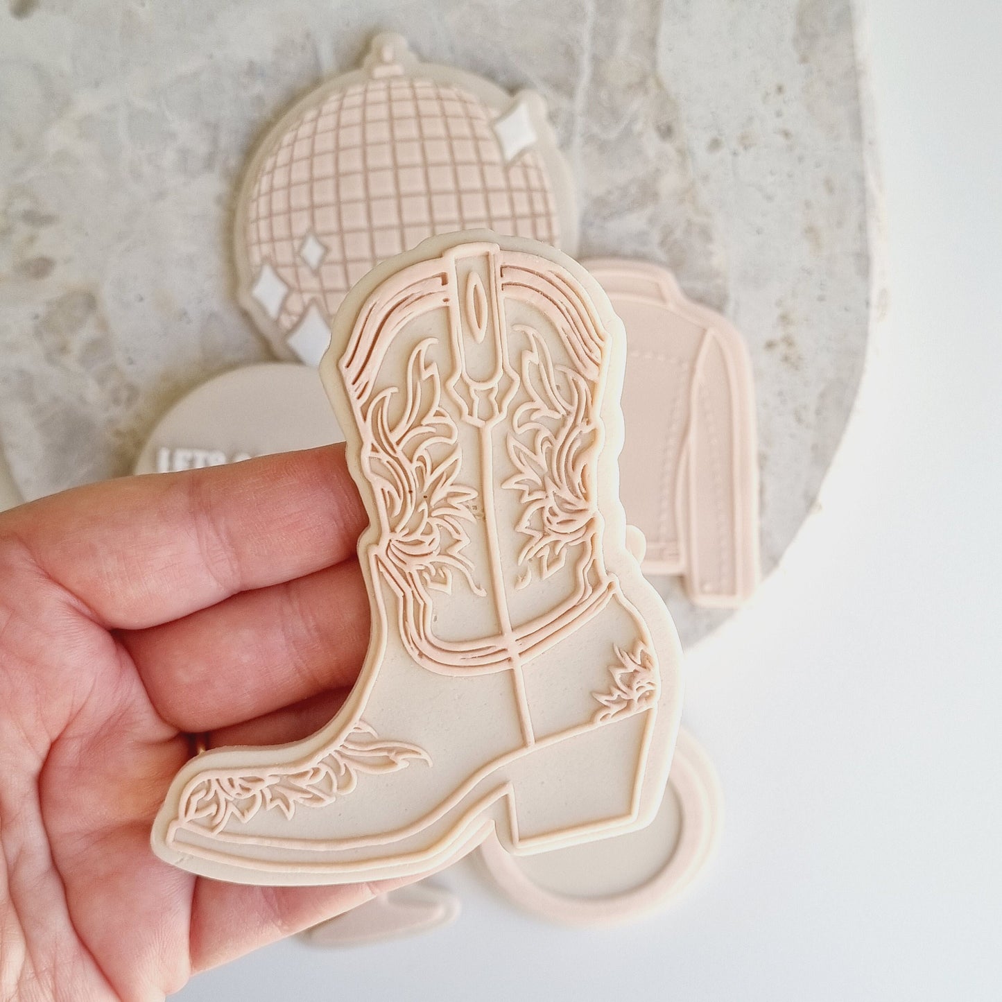 cookie cutter cookie stamp stampandimpress stamp & impress hens lets go girls let's go girls cowboy western last rodeo hoedown boot bachelorette cocktail ring shoe disco ball