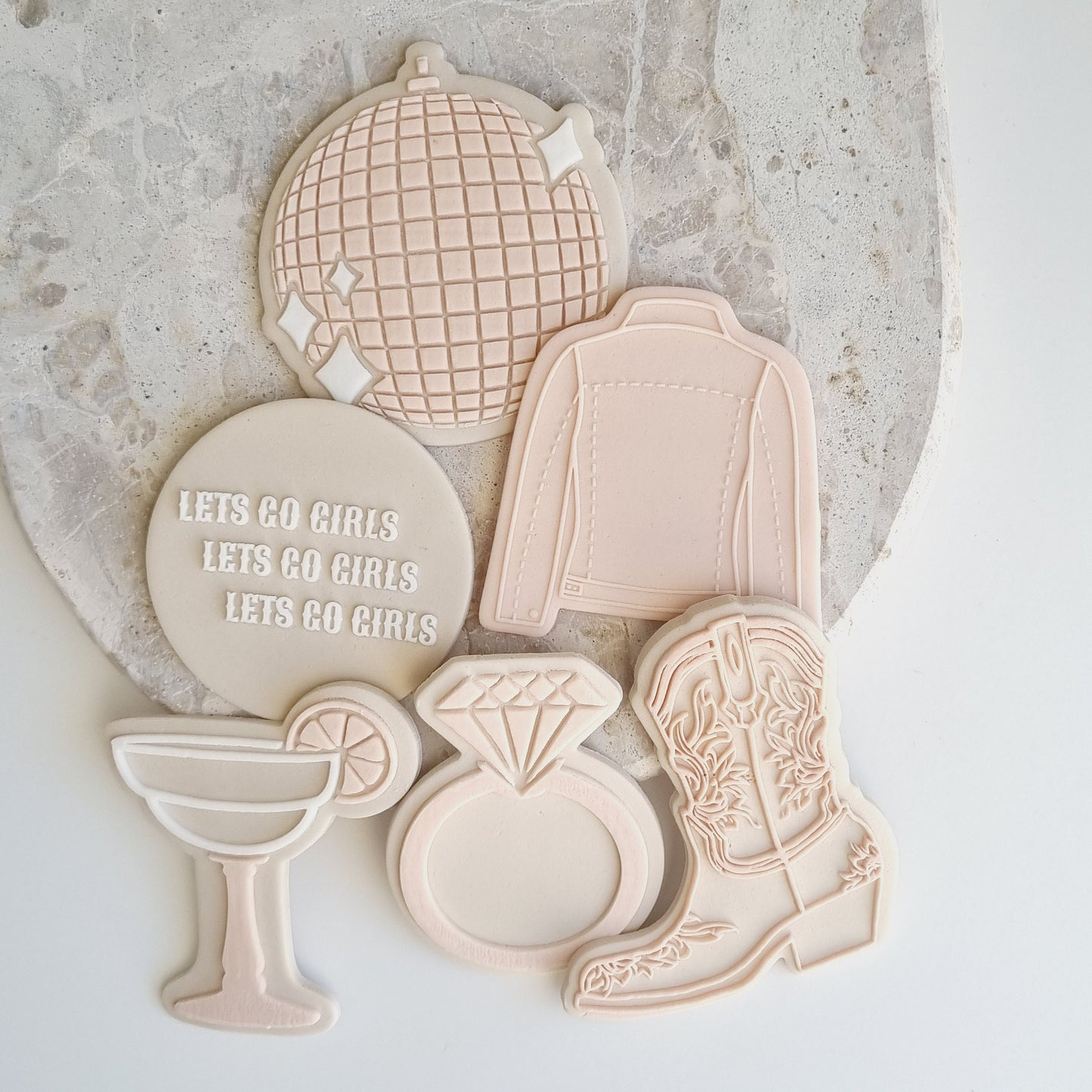 cookie cutter cookie stamp stampandimpress stamp & impress hens lets go girls let's go girls cowboy western last rodeo hoedown boot bachelorette cocktail ring