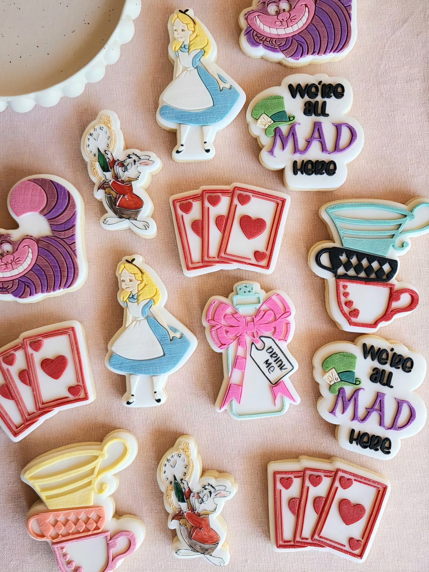 heart playing cards ace queen of hearts alice in wonderland white rabbit im late clock watch teacup stack afternoon tea party cheshire cat we're all mad here mad hatter eat me drink me stamp and impress cookie stamp cookie cutter stamp & impress