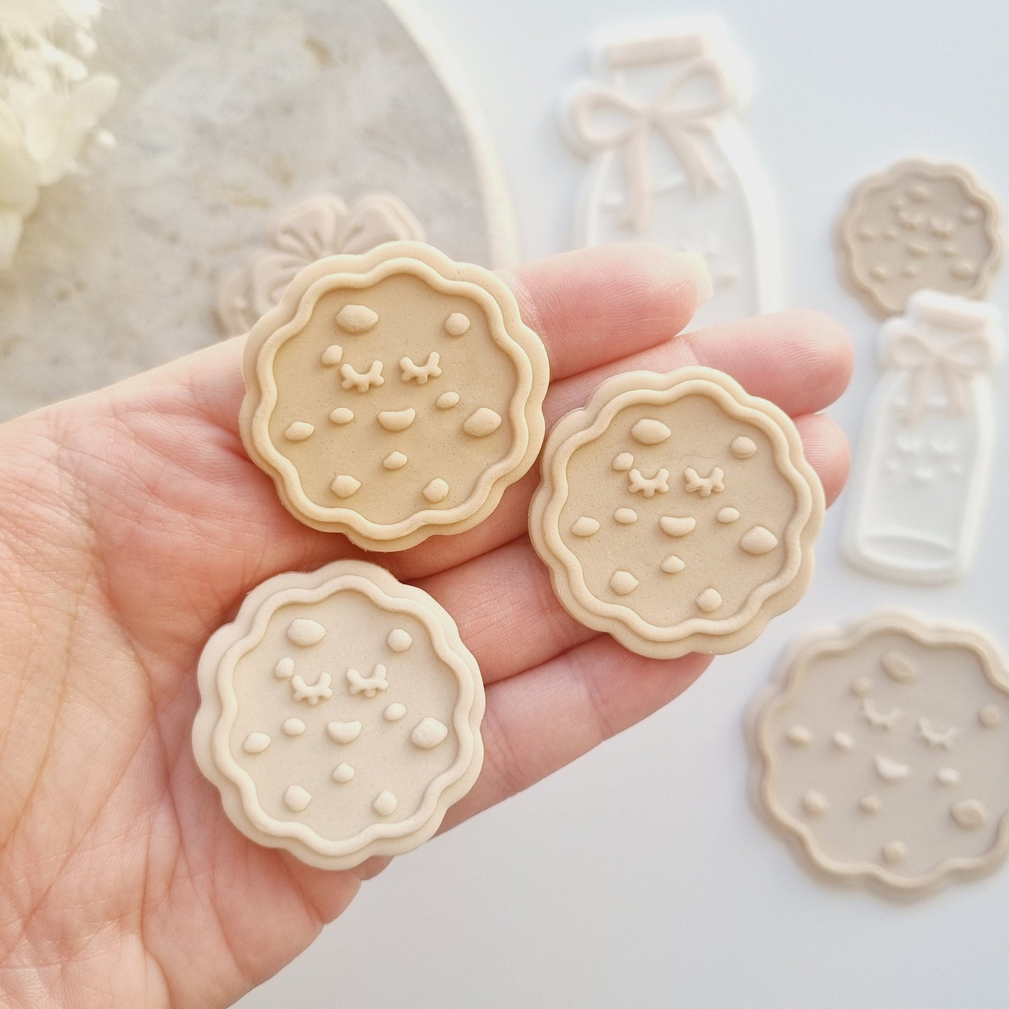 cookie stack with bow choc chip cookie milk bottle cookie with bite mark milk & cookies theme mini milk mini cookies cookie stamp cookie cutter stampandimpress