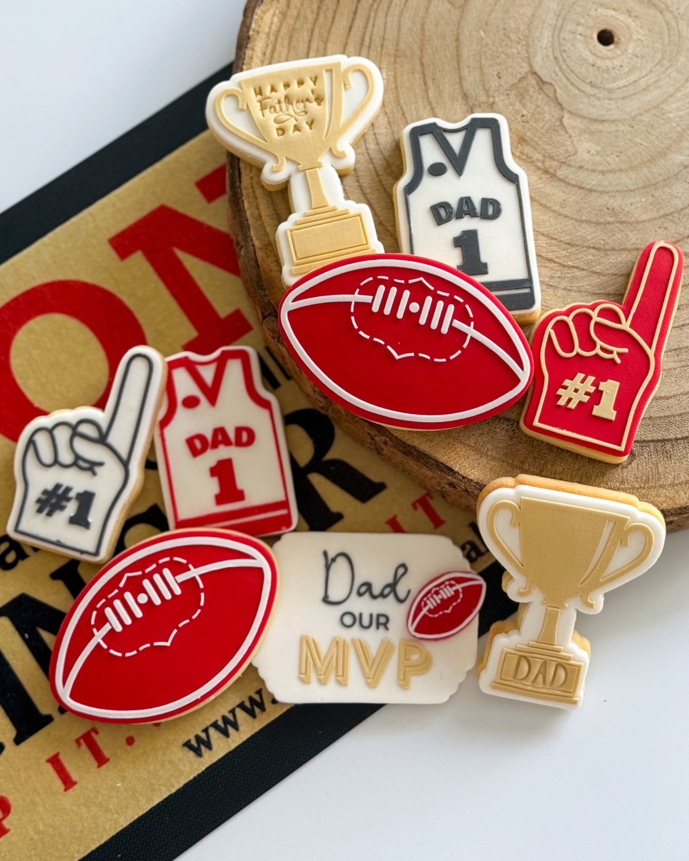 happy fathers day dad mvp afl football trophy jersey number 1 giant foam finger cookie cutter cookie stamp fondant debosser stampandimpress beer bottle beers bottle opener