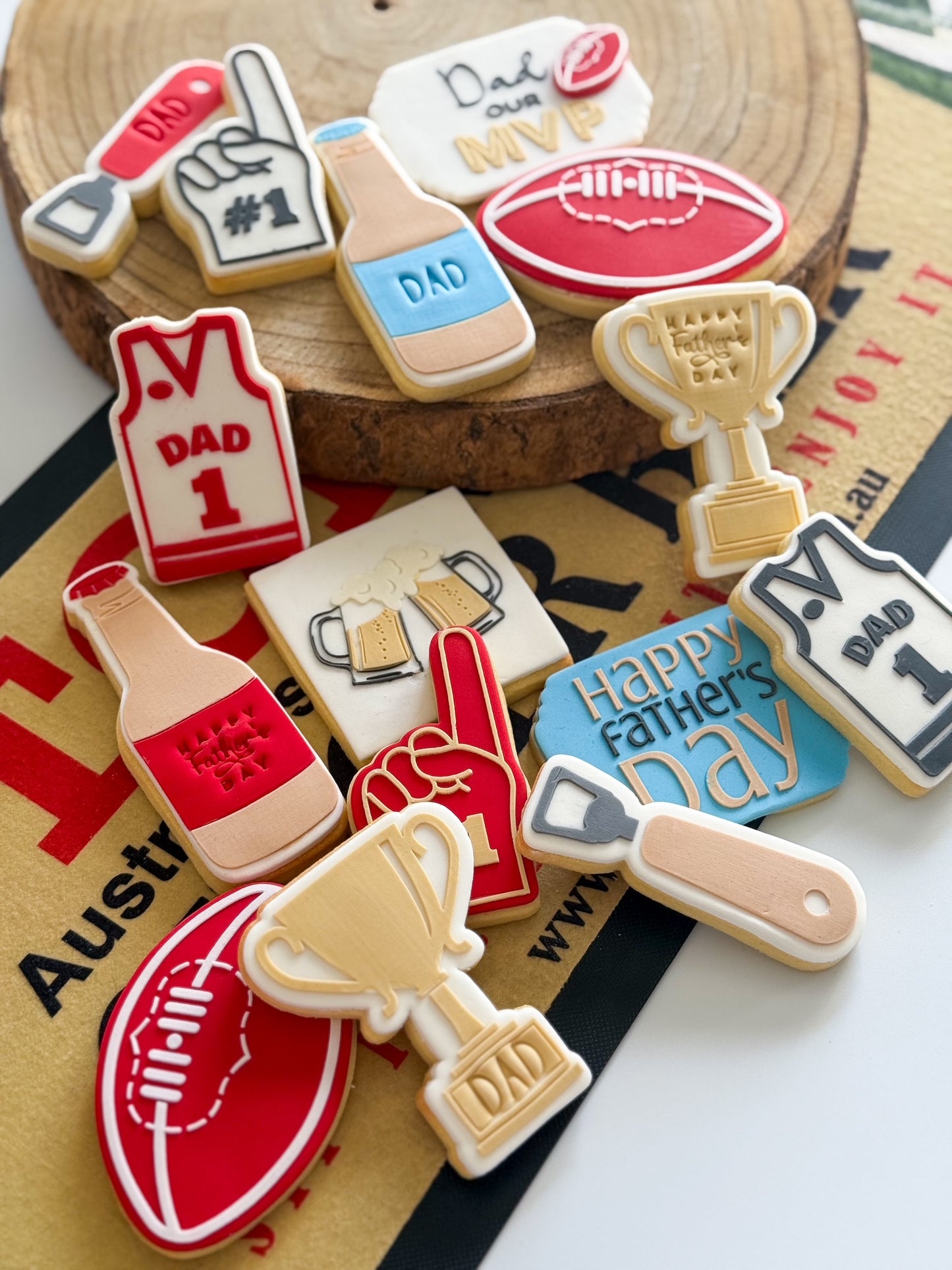 happy fathers day dad mvp afl football trophy jersey number 1 giant foam finger cookie cutter cookie stamp fondant debosser stampandimpress beer bottle beers bottle opener