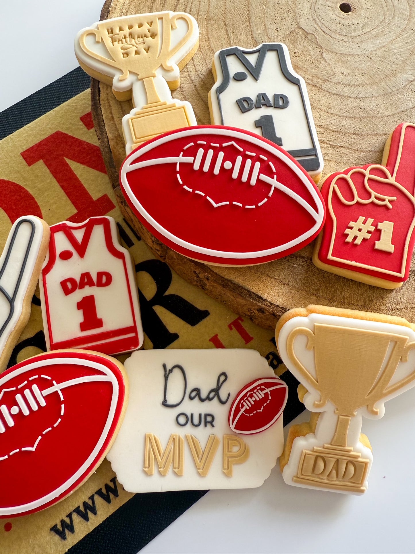 happy fathers day dad mvp afl football trophy jersey number 1 giant foam finger cookie cutter cookie stamp fondant debosser stampandimpress