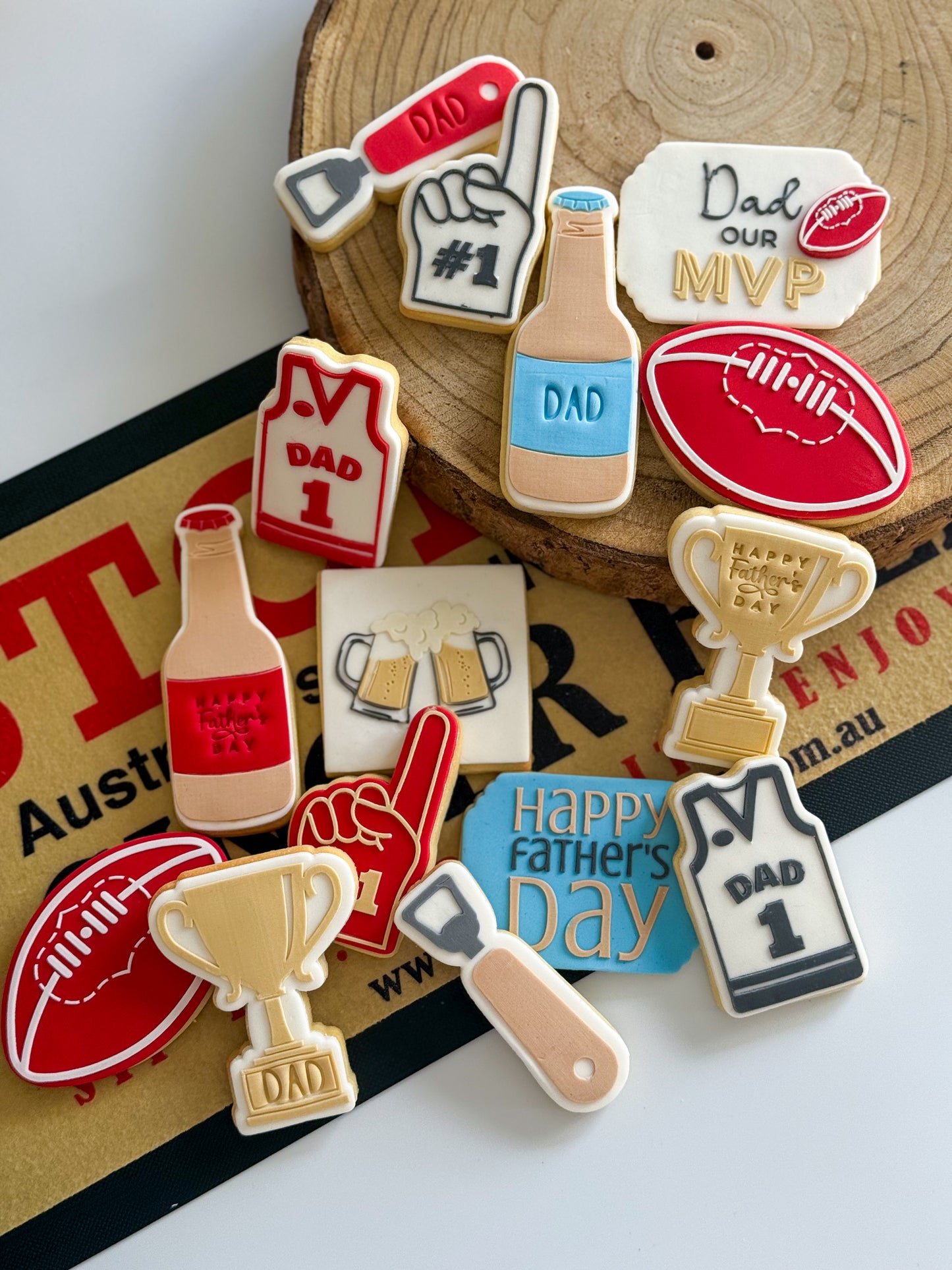 happy fathers day dad mvp afl football trophy jersey number 1 giant foam finger cookie cutter cookie stamp fondant debosser stampandimpress beer bottle beers bottle opener