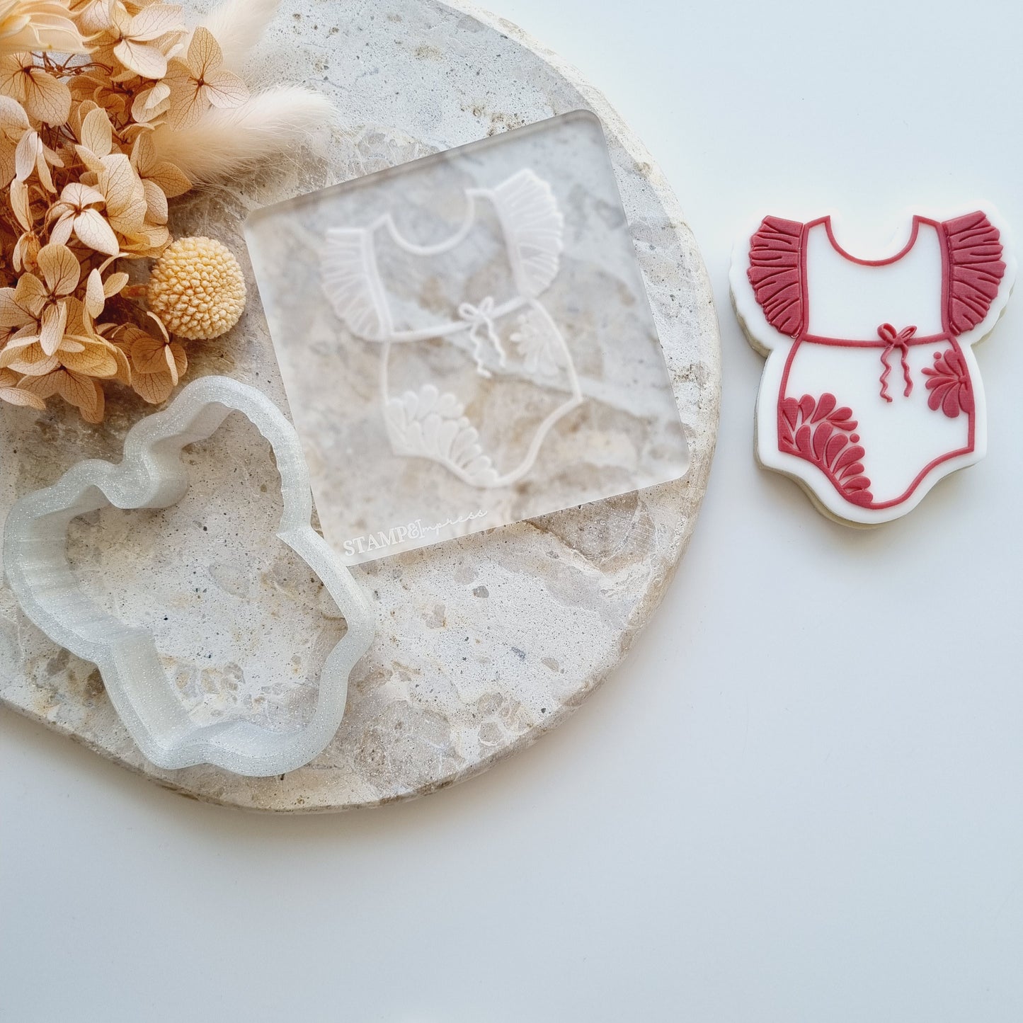 baby girl ruffle dress onesie romper baby floral bow cookie stamp cookie cutter stampandimpress baby shower cielito lindo