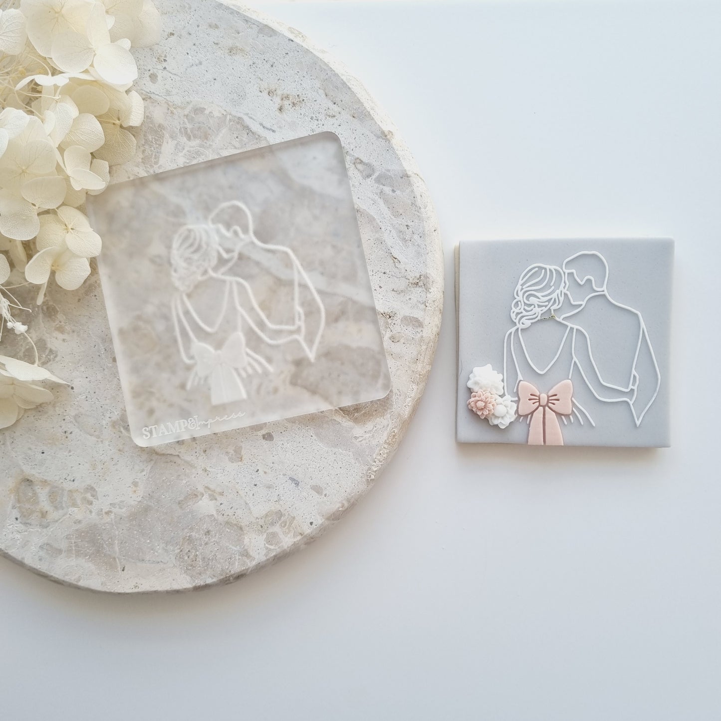 bride and groom wedding engagement cookie stamp bow floral