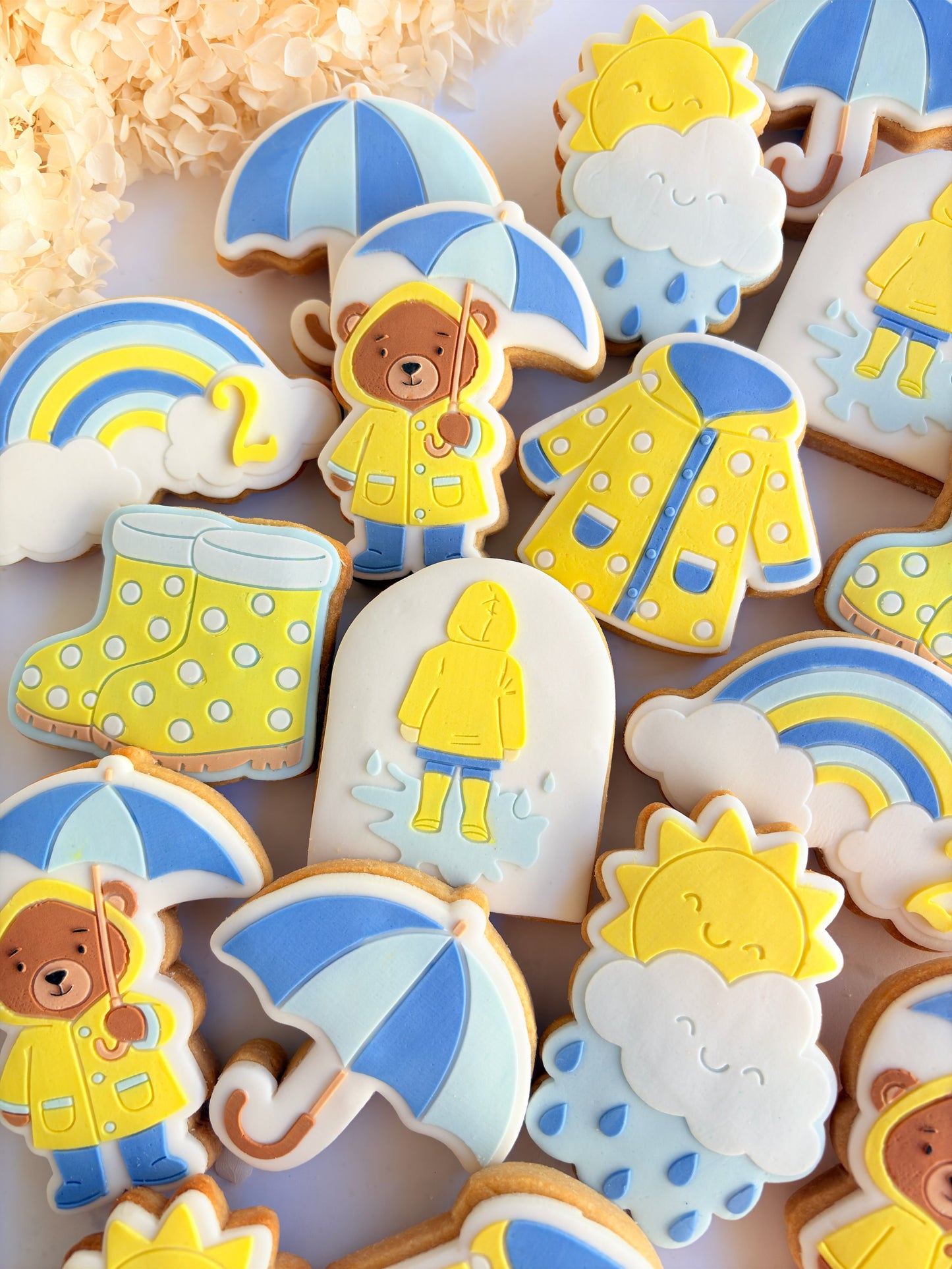 teddy bear in the rain umbrella rainy day sunshine raincoat rain boots gumboots boy jumping in puddle sun shower cloud rainbow cookie stamp cookie cutter stampandimpress