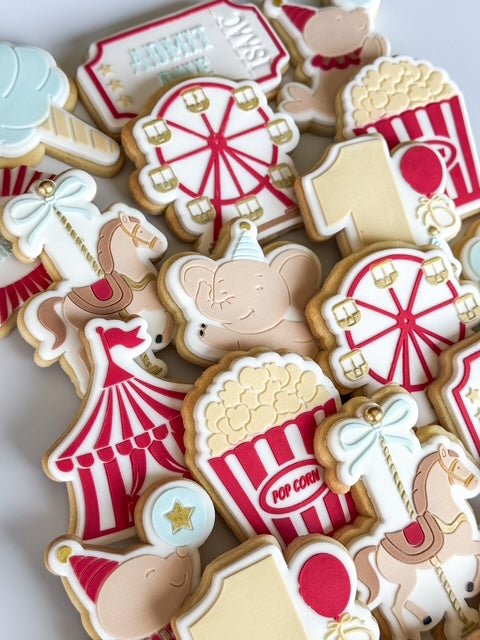 popcorn circus tent elephant seal with ball carnival fairy floss merry go round ferris wheel cotton candy step right up admit one ticket cookie stamp cookie cutter stampandimpress