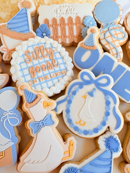 silly goose on the loose one silly goose balloon birthday one geese party hat country vintage bow first birthday fondant cookies stamps stampandimpress