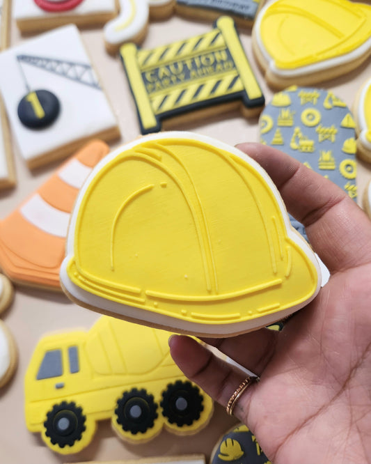 concrete truck construction digger safety hard hat safety vest jacket cone speed limit caution sign party ahead crane cookie stamp cookie cutter stampandimpress