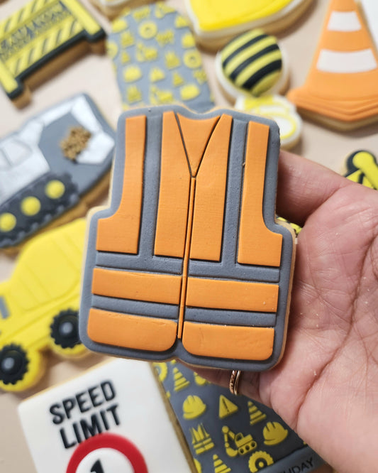 concrete truck construction digger safety hard hat safety vest jacket cone speed limit caution sign party ahead crane cookie stamp cookie cutter stampandimpress