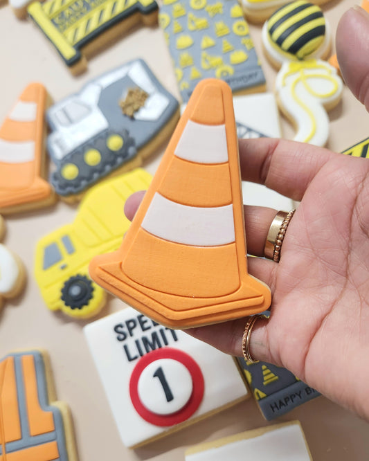 concrete truck construction digger safety hard hat safety vest jacket cone speed limit caution sign party ahead crane cookie stamp cookie cutter stampandimpress