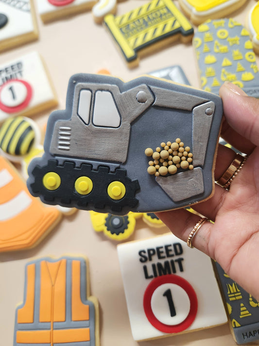 concrete truck construction digger safety hard hat safety vest jacket cone speed limit caution sign party ahead crane cookie stamp cookie cutter stampandimpress