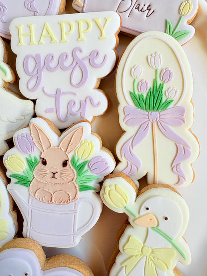 happy geese-ter geese bunch of tulips tulip egg pop with bow goose tulip flower bunny in watering can happy easter easter bunny rabbit goose with tulip easter egg with bow ribbon cookie stamp cookie cutter stampandimpress