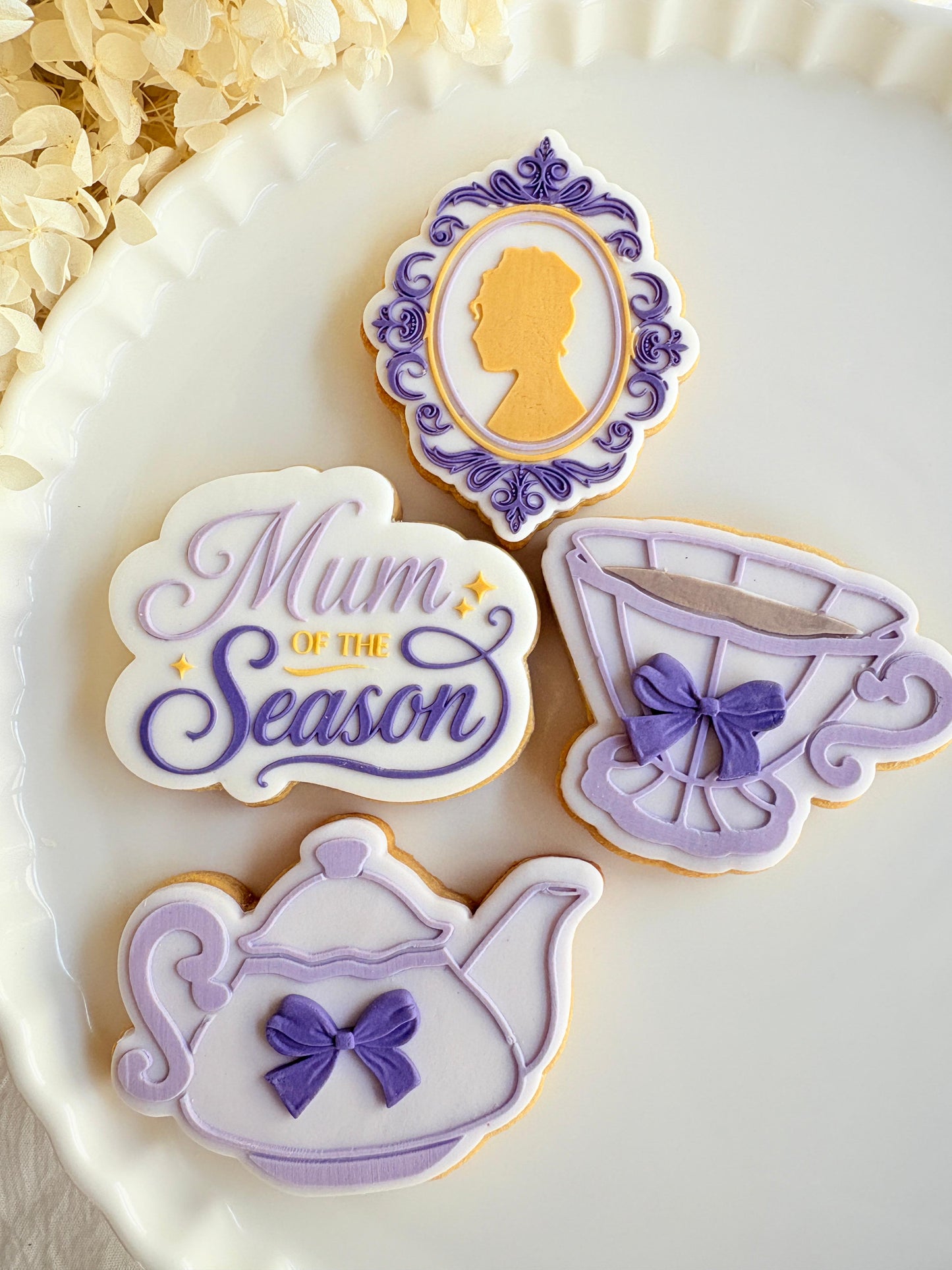 bridgerton mum of the season happy mothers day tea party lace doily hydrangea flower lady Whistledown masquerade mask ball diamond of the season fondant cookie stamp cookie cutter stampandimpress