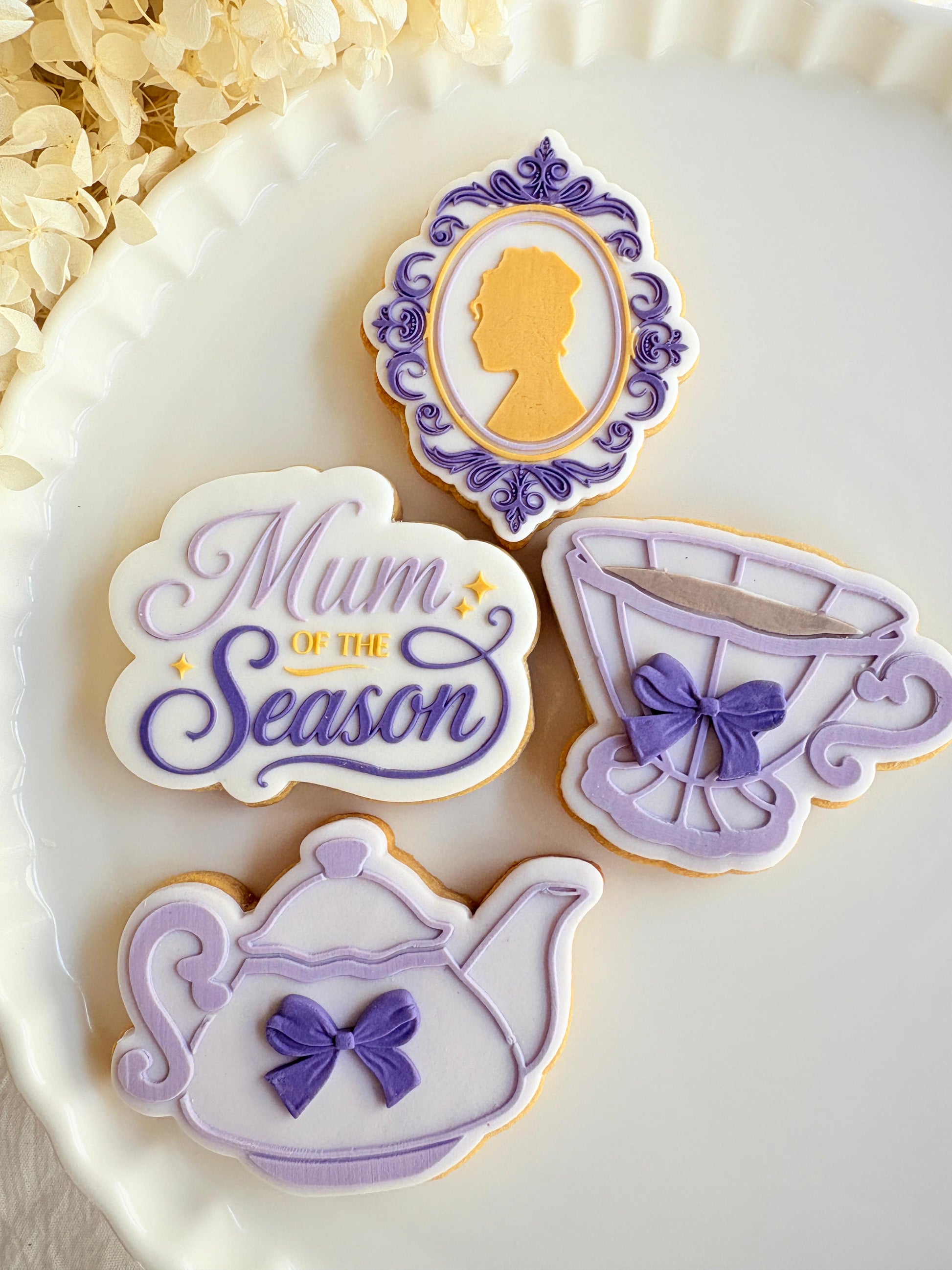 bridgerton mum of the season happy mothers day tea party lace doily hydrangea flower lady Whistledown masquerade mask ball diamond of the season fondant cookie stamp cookie cutter stampandimpress