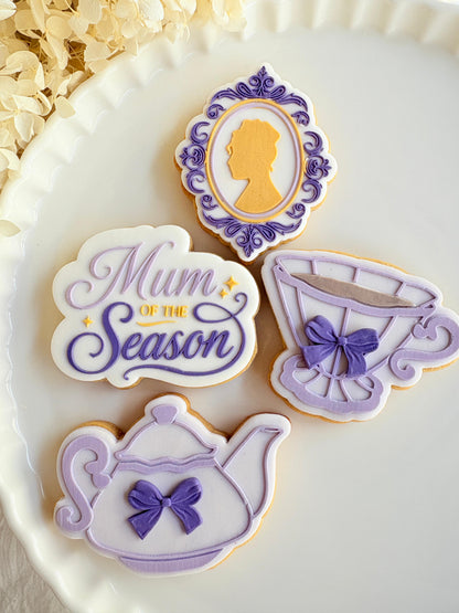 bridgerton mum of the season happy mothers day tea party lace doily hydrangea flower lady Whistledown masquerade mask ball diamond of the season fondant cookie stamp cookie cutter stampandimpress