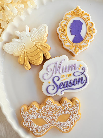 bridgerton mum of the season happy mothers day tea party lace doily hydrangea flower lady Whistledown masquerade mask ball diamond of the season fondant cookie stamp cookie cutter stampandimpress