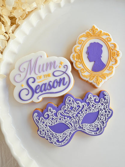bridgerton mum of the season happy mothers day tea party lace doily hydrangea flower lady Whistledown masquerade mask ball diamond of the season fondant cookie stamp cookie cutter stampandimpress