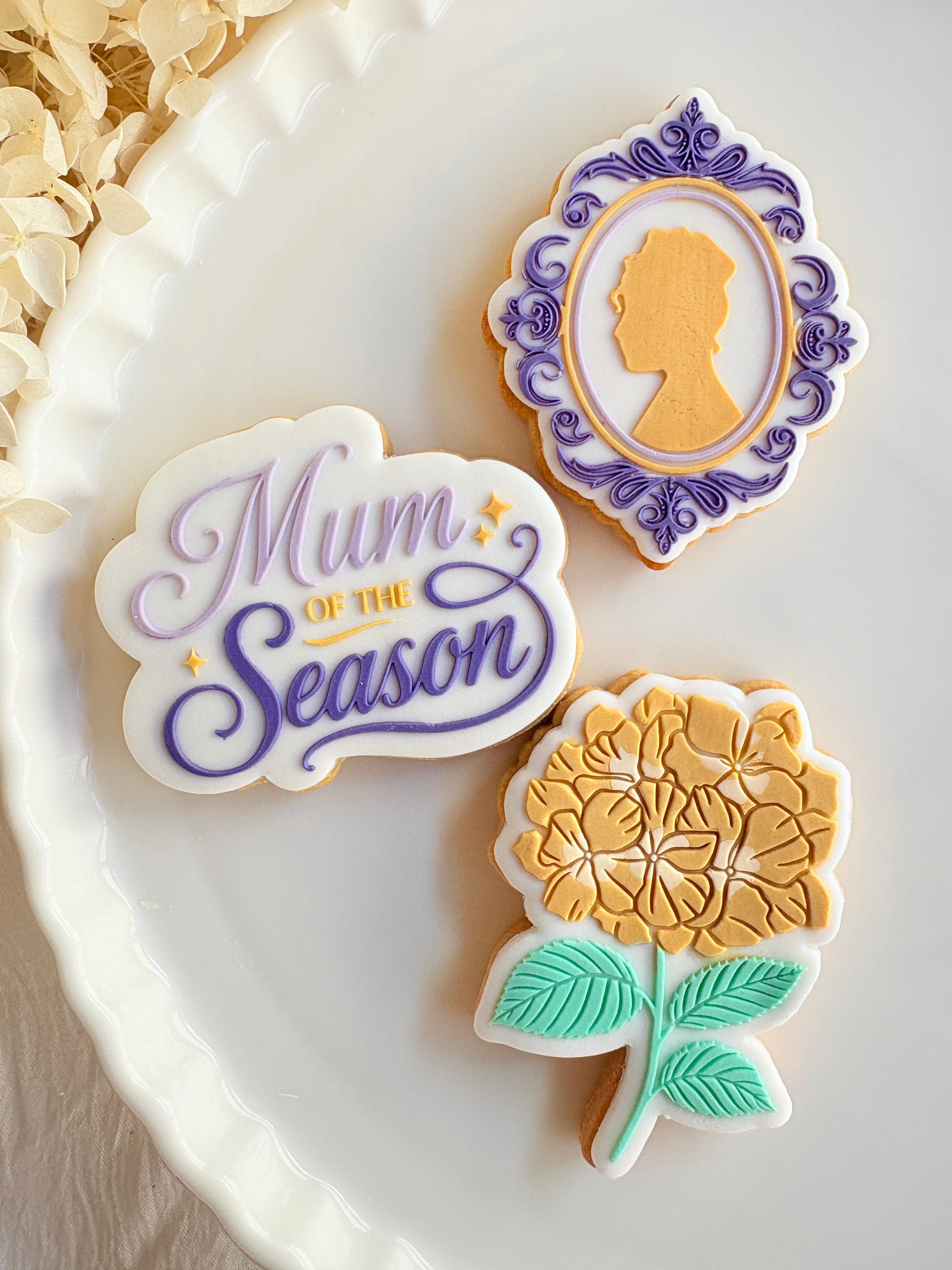 bridgerton mum of the season happy mothers day tea party lace doily hydrangea flower lady Whistledown masquerade mask ball diamond of the season fondant cookie stamp cookie cutter stampandimpress