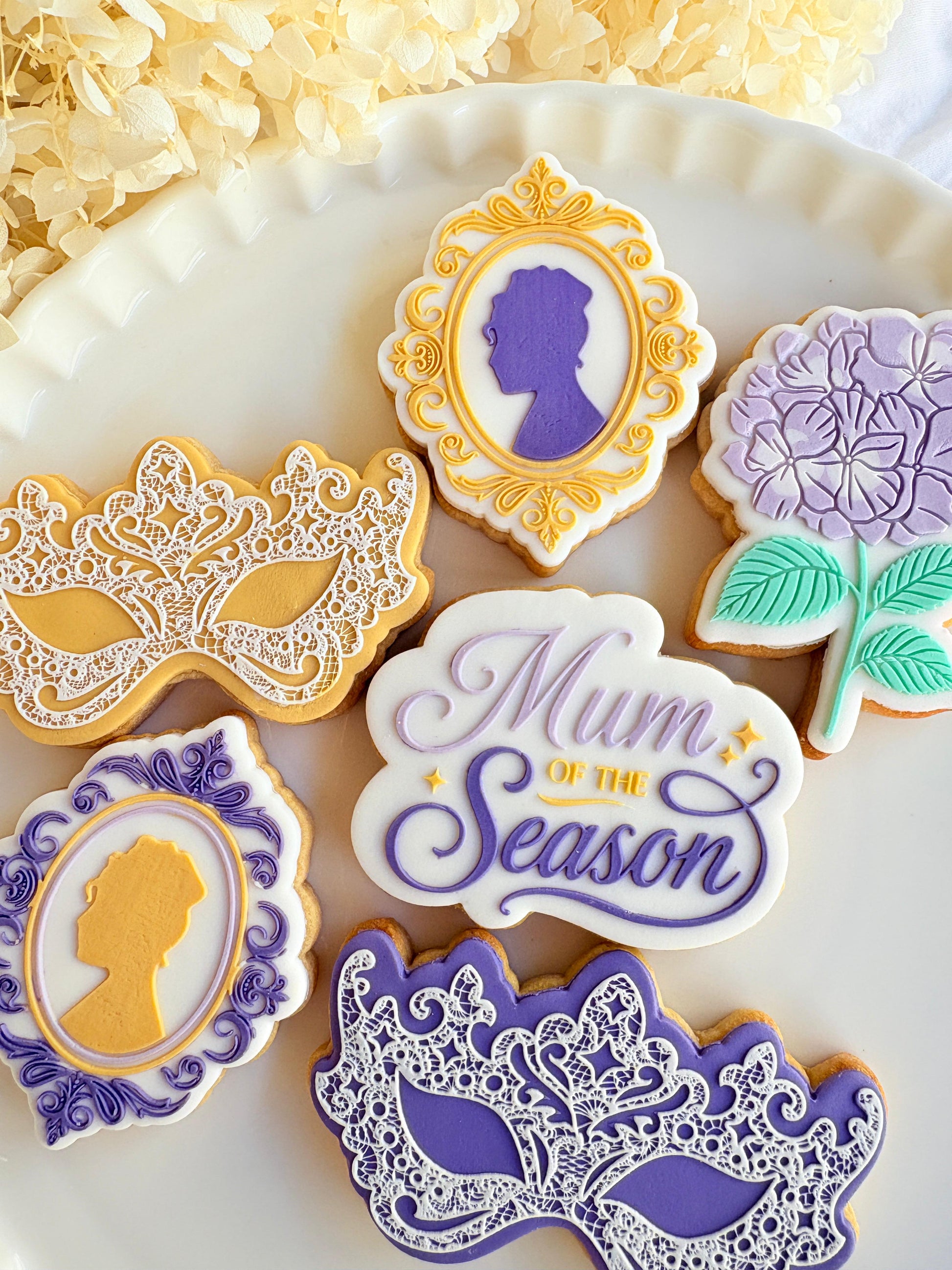 bridgerton mum of the season happy mothers day tea party lace doily hydrangea flower lady Whistledown masquerade mask ball diamond of the season fondant cookie stamp cookie cutter stampandimpress