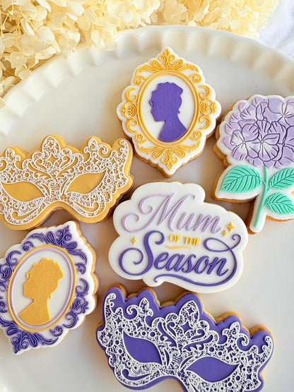 bridgerton mum of the season happy mothers day tea party lace doily hydrangea flower lady Whistledown masquerade mask ball diamond of the season fondant cookie stamp cookie cutter stampandimpress