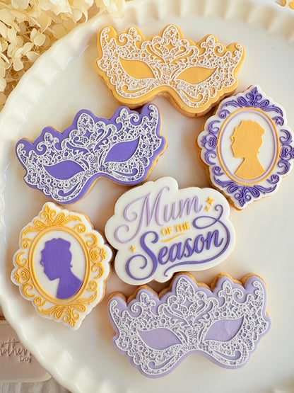 bridgerton mum of the season happy mothers day tea party lace doily hydrangea flower lady Whistledown masquerade mask ball diamond of the season fondant cookie stamp cookie cutter stampandimpress