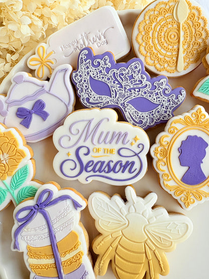 bridgerton mum of the season happy mothers day tea party lace doily hydrangea flower lady Whistledown masquerade mask ball diamond of the season fondant cookie stamp cookie cutter stampandimpress