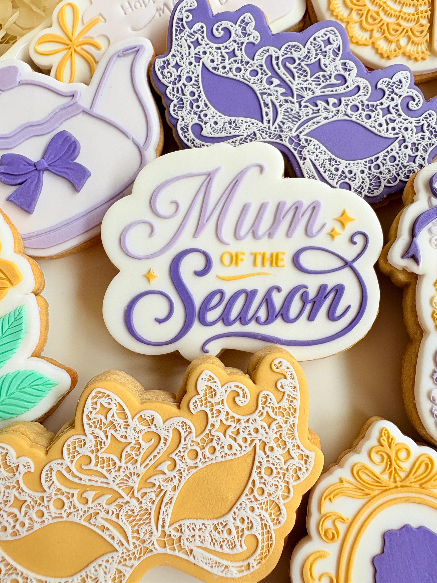 bridgerton mum of the season happy mothers day tea party lace doily hydrangea flower lady Whistledown masquerade mask ball diamond of the season fondant cookie stamp cookie cutter stampandimpress