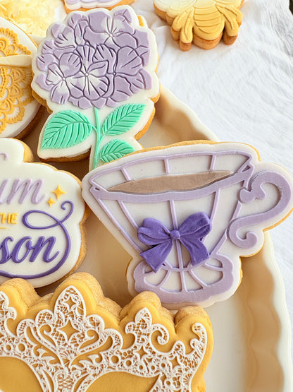bridgerton mum of the season happy mothers day tea party lace doily hydrangea flower lady Whistledown masquerade mask ball diamond of the season fondant cookie stamp cookie cutter stampandimpress