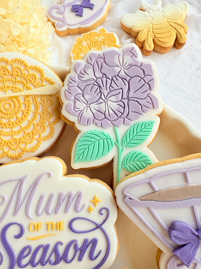 bridgerton mum of the season happy mothers day tea party lace doily hydrangea flower lady Whistledown masquerade mask ball diamond of the season fondant cookie stamp cookie cutter stampandimpress