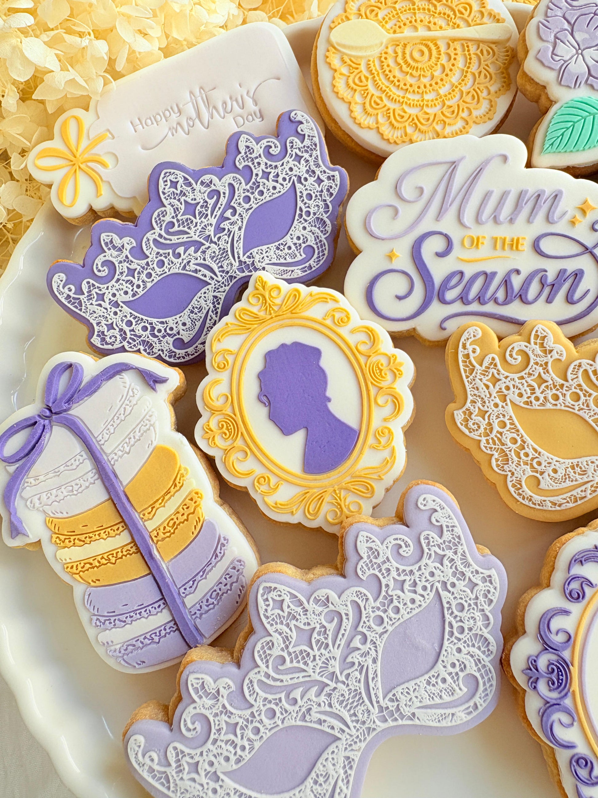 bridgerton mum of the season happy mothers day tea party lace doily hydrangea flower lady Whistledown masquerade mask ball diamond of the season fondant cookie stamp cookie cutter stampandimpress