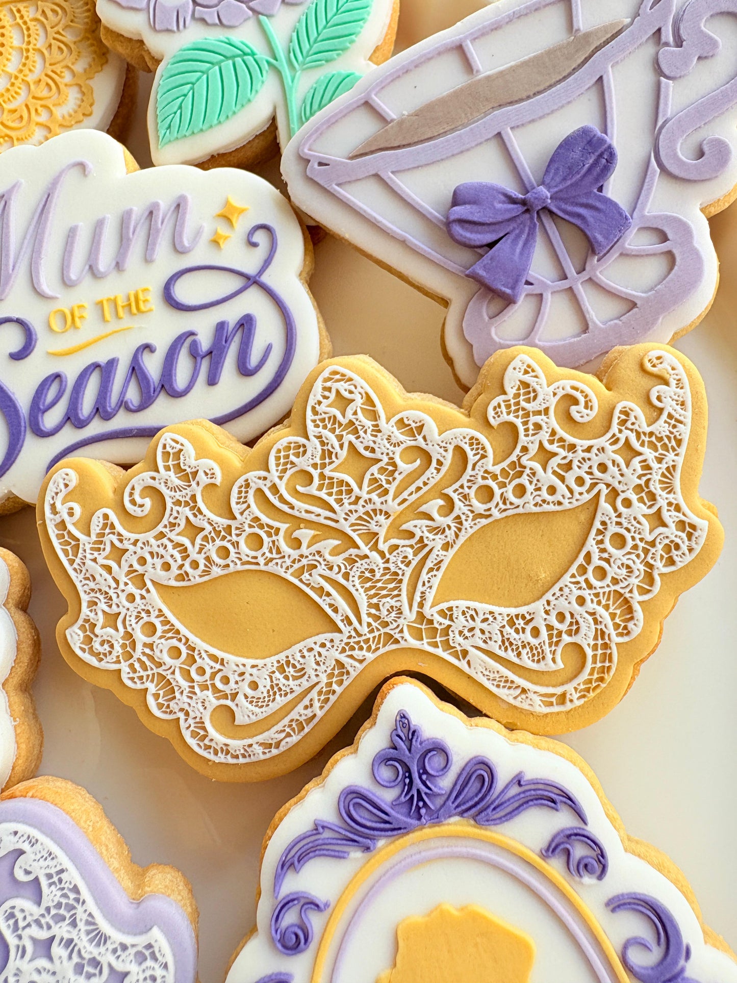 bridgerton mum of the season happy mothers day tea party lace doily hydrangea flower lady Whistledown masquerade mask ball diamond of the season fondant cookie stamp cookie cutter stampandimpress