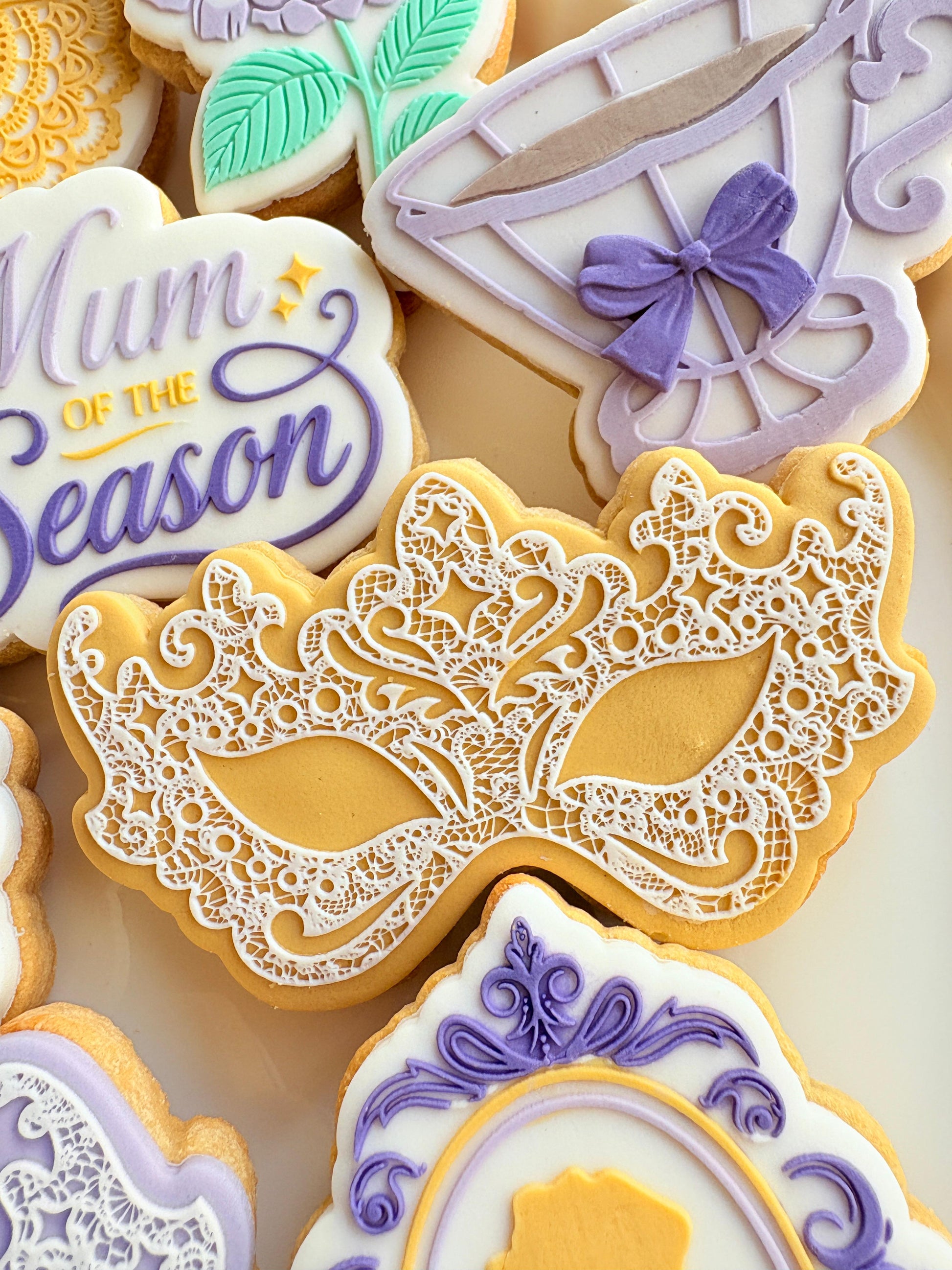 bridgerton mum of the season happy mothers day tea party lace doily hydrangea flower lady Whistledown masquerade mask ball diamond of the season fondant cookie stamp cookie cutter stampandimpress