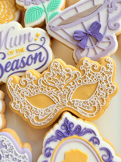 bridgerton mum of the season happy mothers day tea party lace doily hydrangea flower lady Whistledown masquerade mask ball diamond of the season fondant cookie stamp cookie cutter stampandimpress