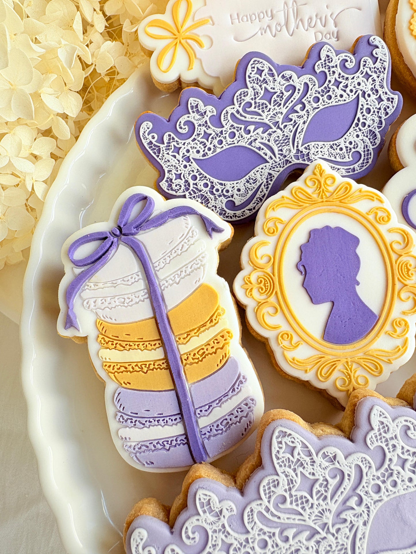 bridgerton mum of the season happy mothers day tea party lace doily hydrangea flower lady Whistledown masquerade mask ball diamond of the season fondant cookie stamp cookie cutter stampandimpress