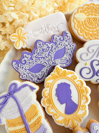 bridgerton mum of the season happy mothers day tea party lace doily hydrangea flower lady Whistledown masquerade mask ball diamond of the season fondant cookie stamp cookie cutter stampandimpress