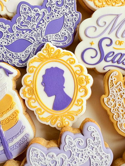 bridgerton mum of the season happy mothers day tea party lace doily hydrangea flower lady Whistledown masquerade mask ball diamond of the season fondant cookie stamp cookie cutter stampandimpress