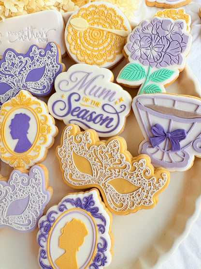 bridgerton mum of the season happy mothers day tea party lace doily hydrangea flower lady Whistledown masquerade mask ball diamond of the season fondant cookie stamp cookie cutter stampandimpress